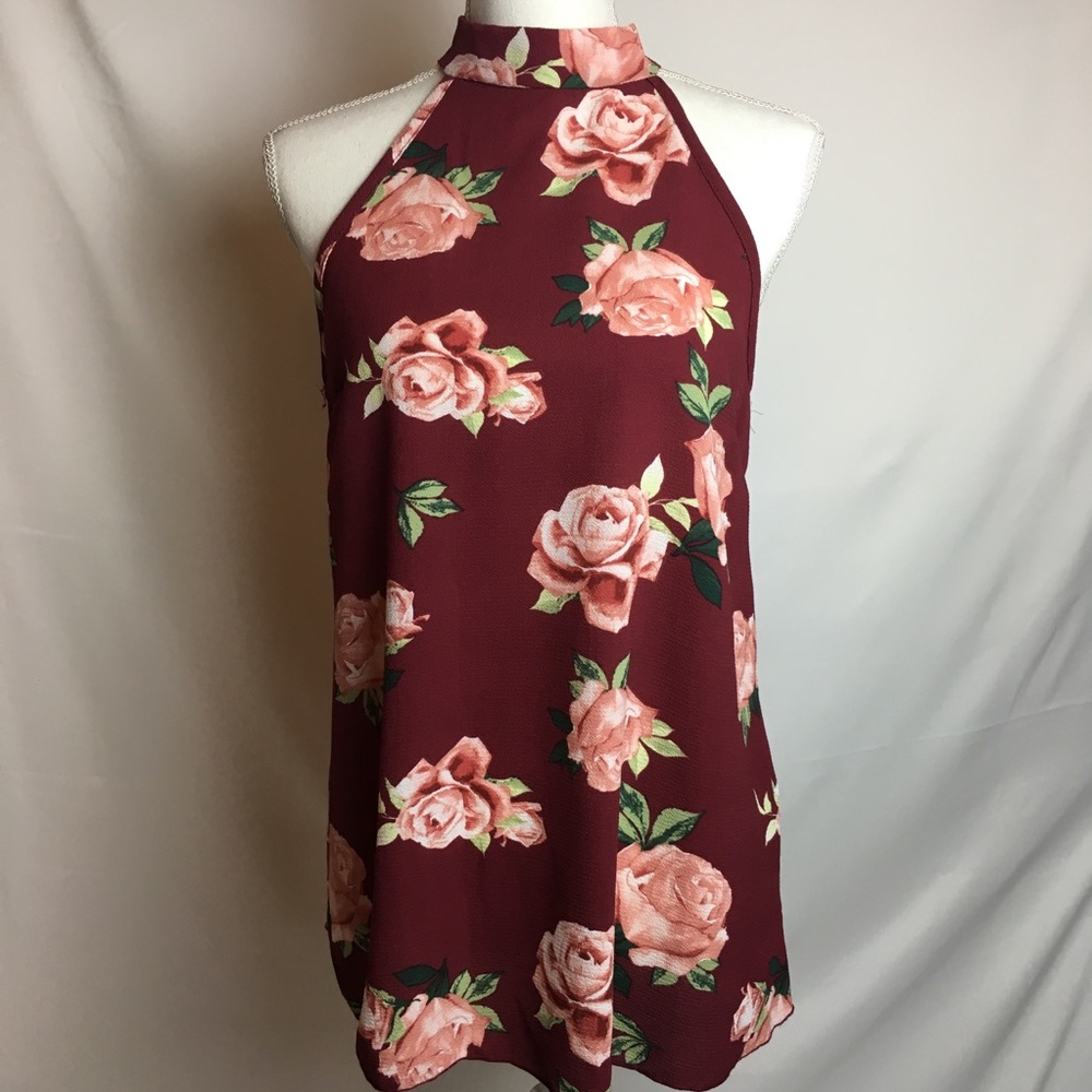 Sleeveless burgundy floral top, Medium